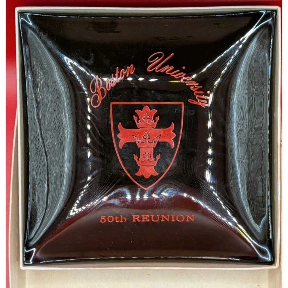 Boston University 50th Reunion Vintage Glass Tray Commemorative BU Crest Black